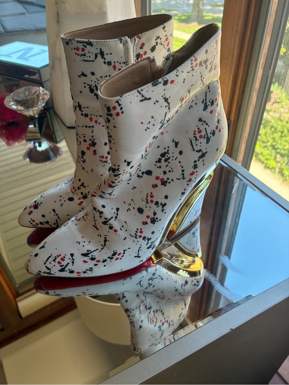 White Paint-Splatter Ankle Boots with Gold Accent - Picture 4 of 5